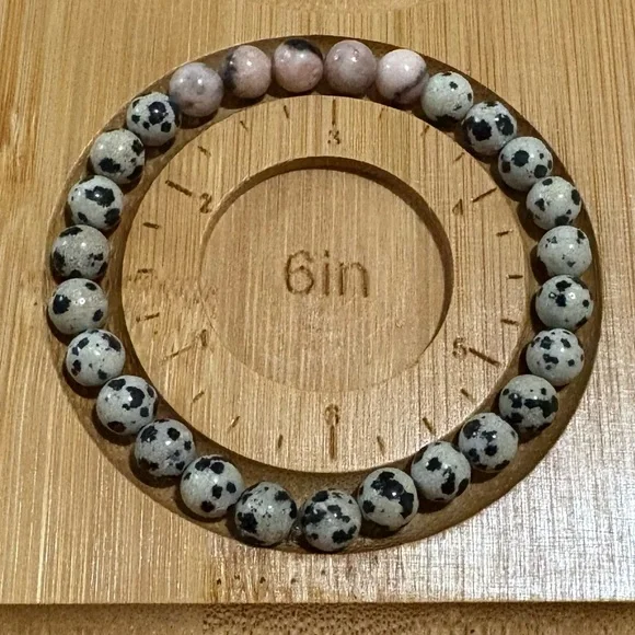 Dalmatian Jasper and Pink Stone Beaded Stretch Bracelet - Picture 1 of 3